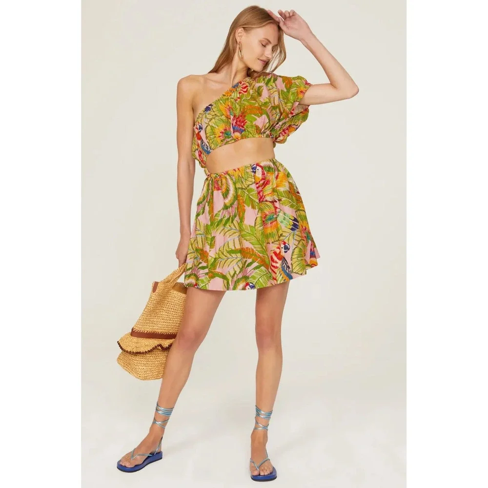 Farm Rio Macaw Linen Blend One Shoulder Cutout Mini‎ Dress Tropical NWT Small